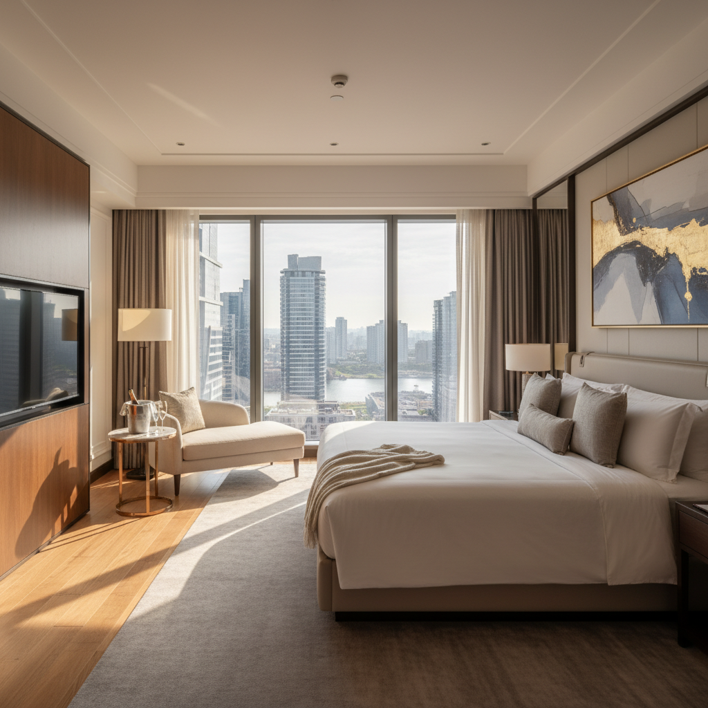 A bright, luxury hotel room with high-quality white linens, sunlight streaming through a large floor-to-ceiling window overlooking a modern city skyline, 8k resolution, photorealistic.