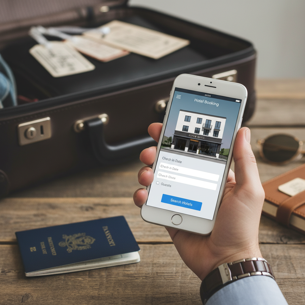 Close-up of a hand holding a smartphone displaying a clean hotel booking app interface, blurred background showing a packed suitcase and a passport on a wooden table.