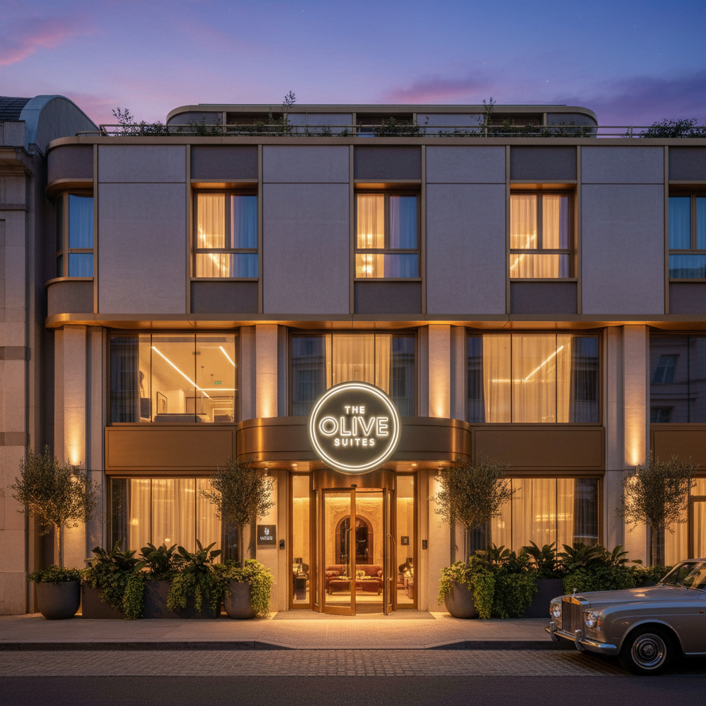 A modern boutique hotel exterior with unique architectural design, glowing warm lights at dusk, and a welcoming entrance with green plants.