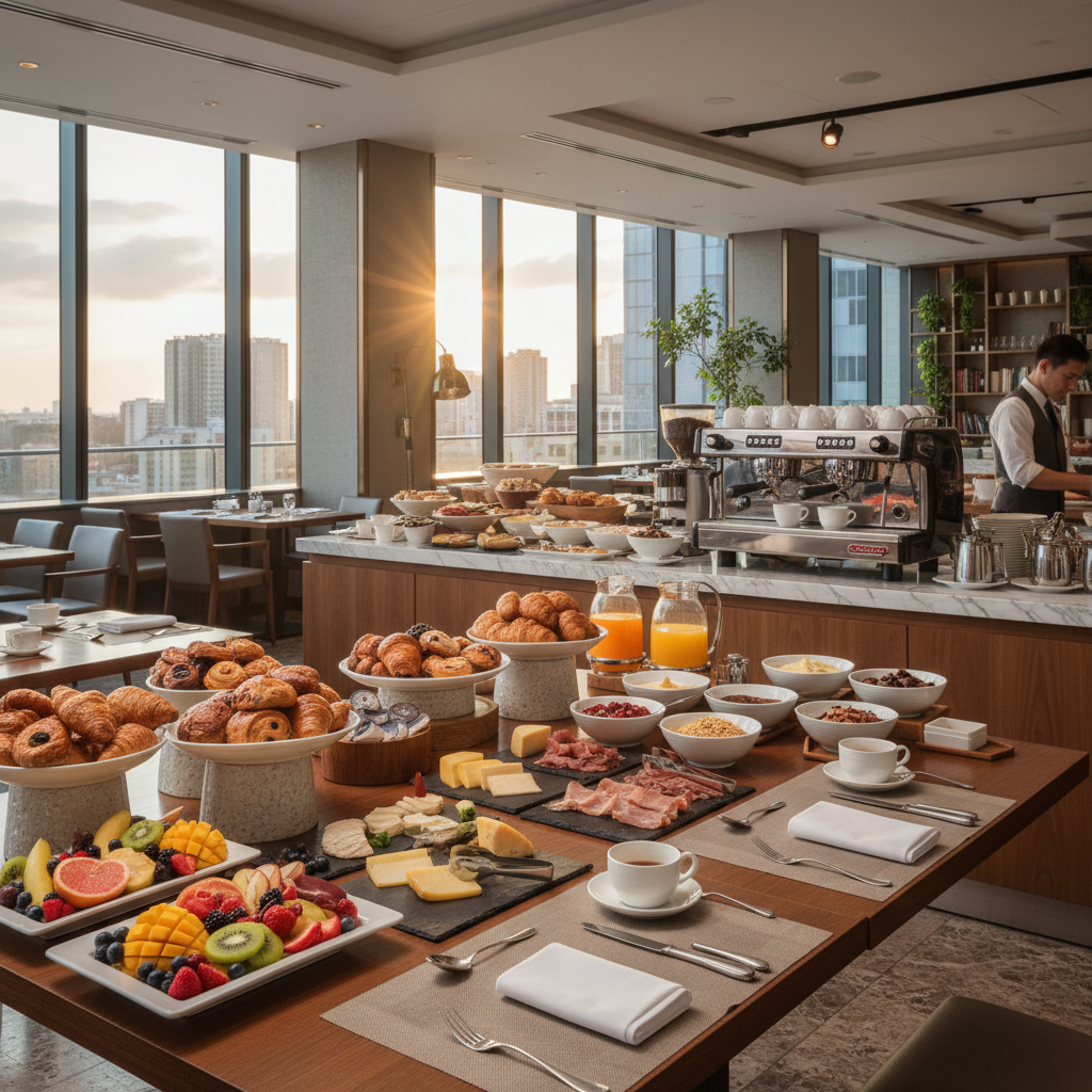 A breakfast buffet in a high-class hotel restaurant, featuring fresh fruits, pastries, and a professional coffee machine in a bright, airy environment.